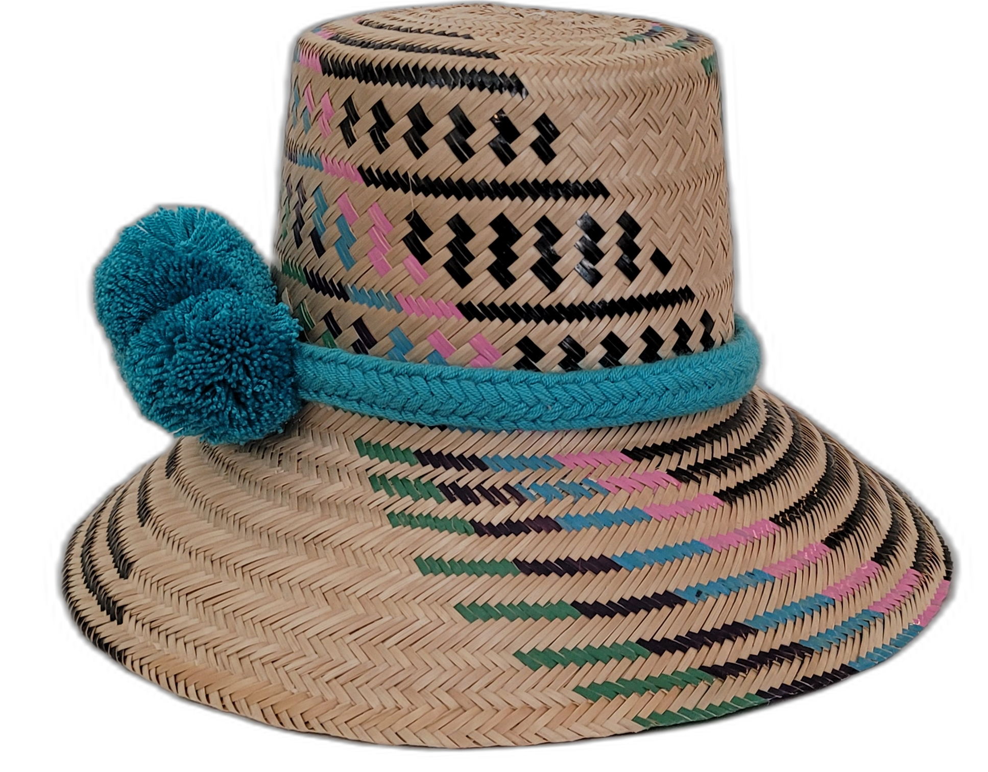 Boho straw hat Alana featuring black striped weave with colorful accents and teal pompoms

