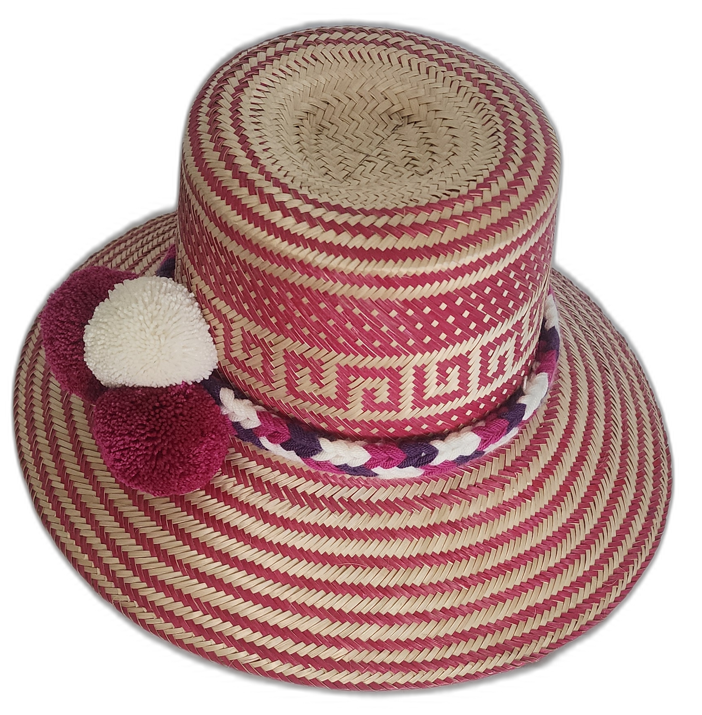Boho chick straw hat with artisan woven pink and beige stripes