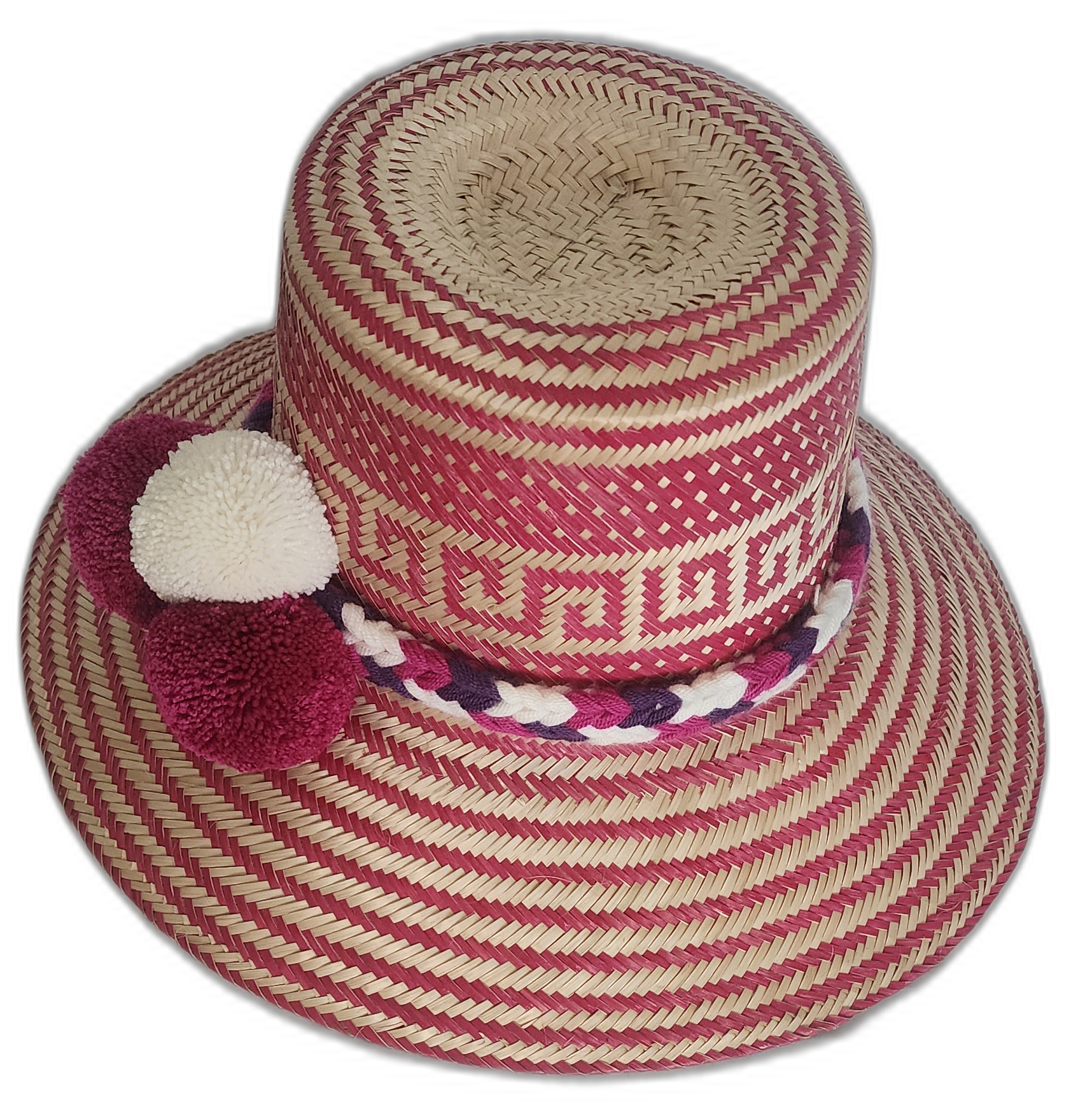 Boho chick straw hat with artisan woven pink and beige stripes