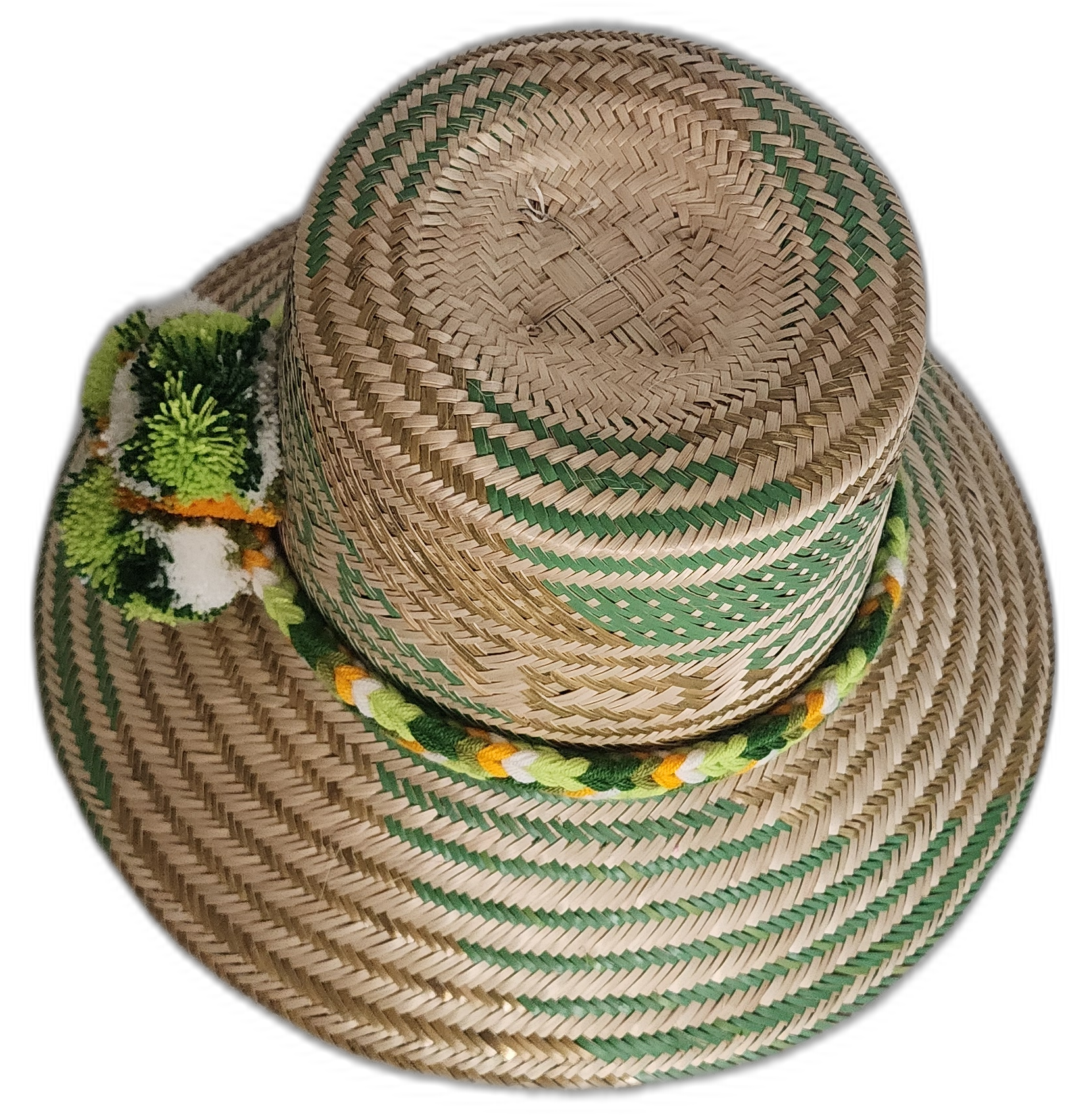 Bohemian chick hat with adjustable fit and bold green geometric design