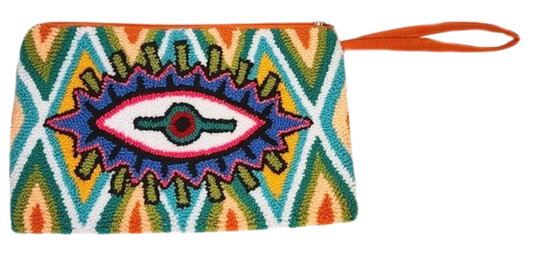 "Colorful Wuitusu Artisan Needle Punch Clutch, handcrafted with vibrant Wayuu patterns, zip closure, and fully lined interior
