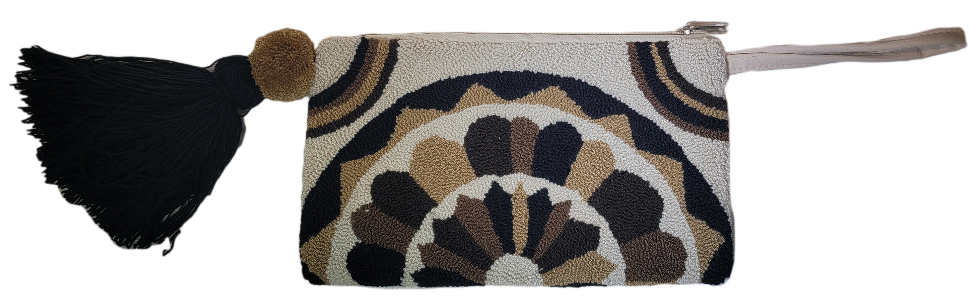 1 "Colorful Wuitusu Artisan Needle Punch Clutch, handmade by Wayuu artisans, featuring unique patterns and a zip closure."
