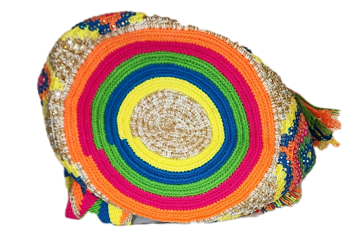 "Colorful Wuitusu Artisan Wayuu Crochet Bag with hand-applied crystals, vegan-friendly, supporting Wayuu children."