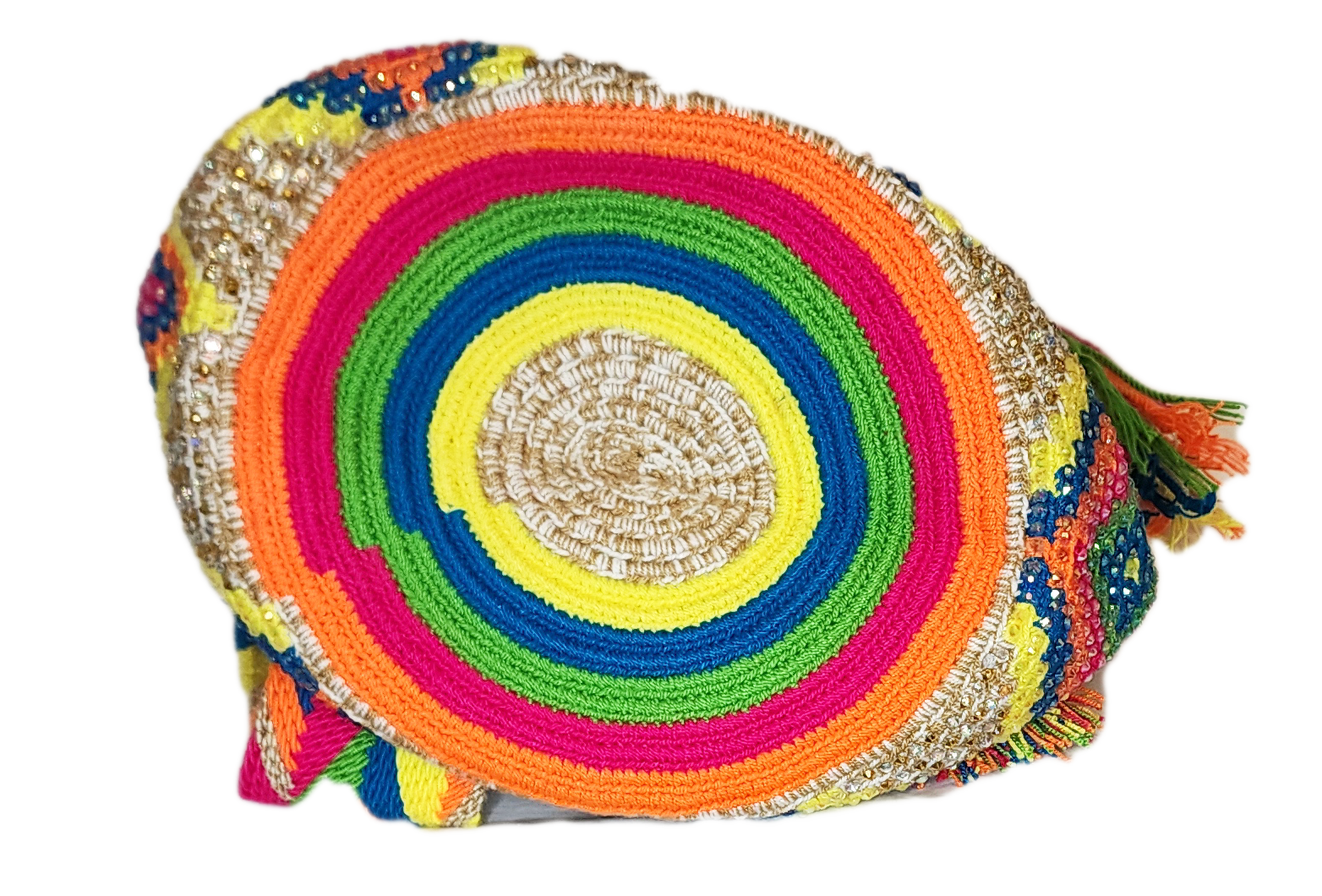"Colorful Wuitusu Artisan Wayuu Crochet Bag with hand-applied crystals, vegan-friendly, supporting Wayuu children."