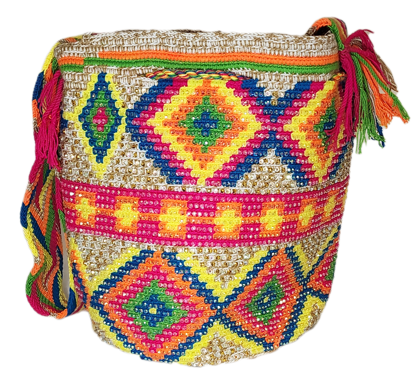 "Colorful Wuitusu Artisan Wayuu Crochet Bag with hand-applied crystals, vegan-friendly, supporting Wayuu children."