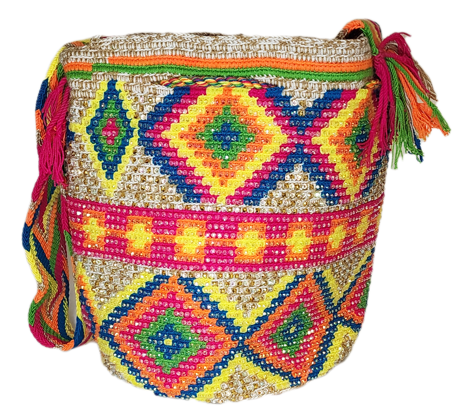 "Colorful Wuitusu Artisan Wayuu Crochet Bag with hand-applied crystals, vegan-friendly, supporting Wayuu children."