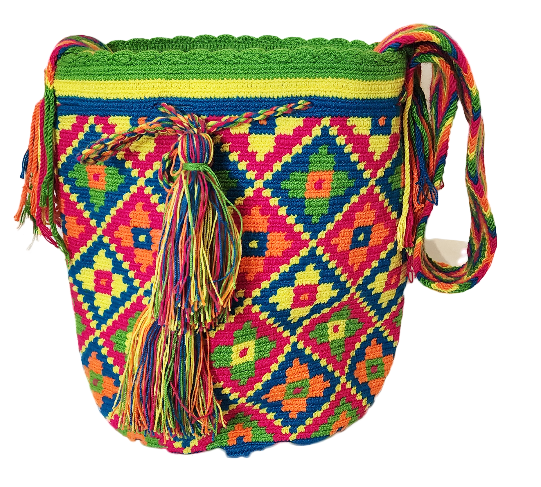 "Colorful Wuitusu Wayuu crochet bag featuring geometric patterns and adjustable strap, embodying bohemian charm and cultural 