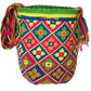 "Colorful Wuitusu Wayuu crochet bag featuring geometric patterns and adjustable strap, embodying bohemian charm and cultural 