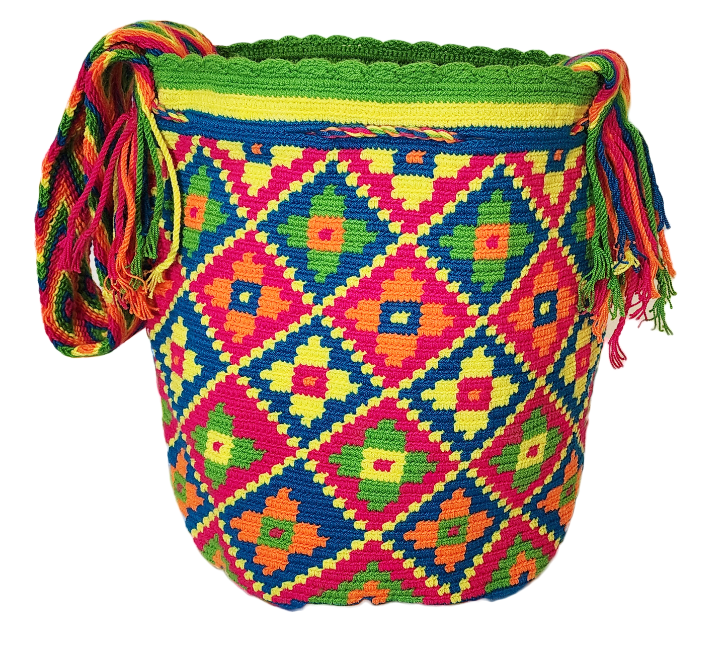 "Colorful Wuitusu Wayuu crochet bag featuring geometric patterns and adjustable strap, embodying bohemian charm and cultural 