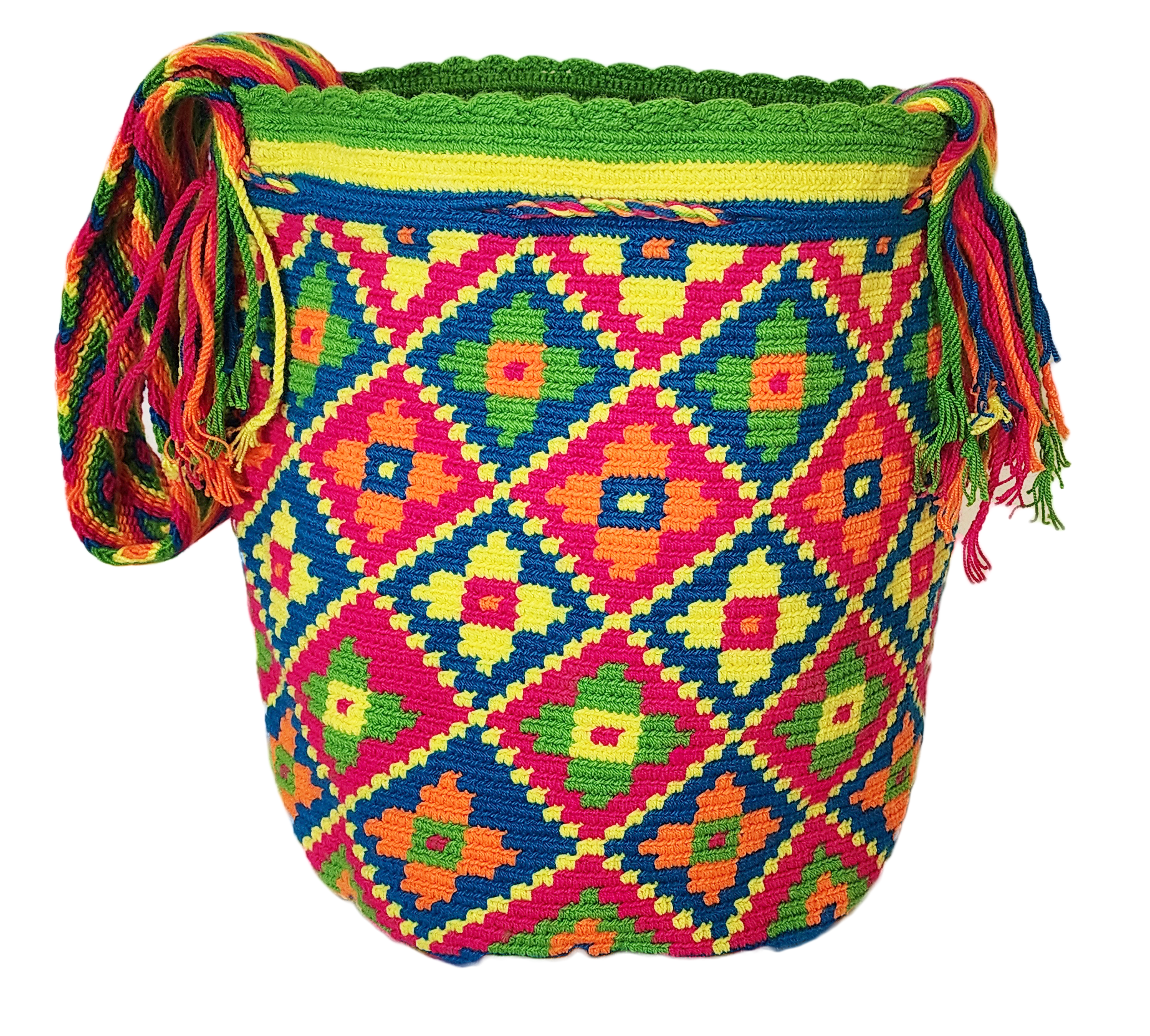 Bottom view "Colorful Wuitusu Wayuu crochet bag featuring geometric patterns and adjustable strap, embodying bohemian charm and cultural 