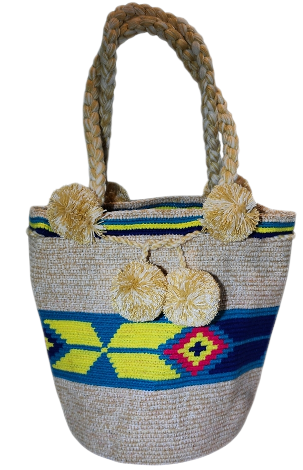"Colorful Wuitusu Wayuu crochet bag with a short handle, showcasing vibrant, artisanal patterns and handmade by Wayuu artisan
