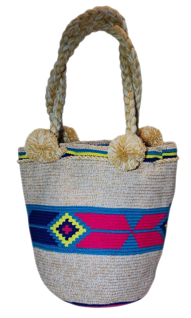 Bottom view "Colorful Wuitusu Wayuu crochet bag with a short handle, showcasing vibrant, artisanal patterns and handmade by Wayuu artisan