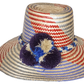 "Colorful Wuitusu Wayuu hat crafted from Iraca palm fibers, adorned with significant pompoms, versatile and adjustable fit."