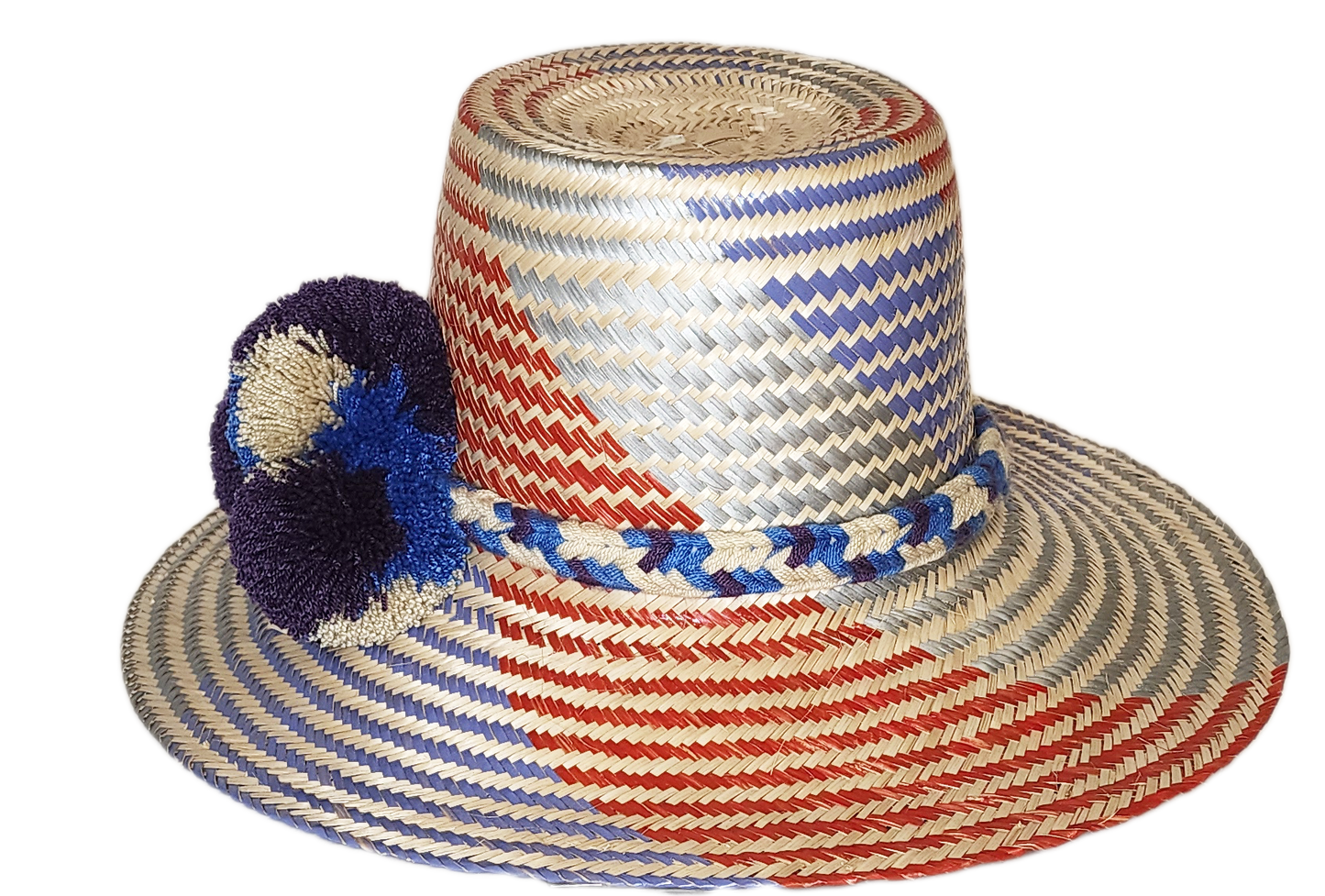 "Colorful Wuitusu Wayuu hat crafted from Iraca palm fibers, adorned with significant pompoms, versatile and adjustable fit."