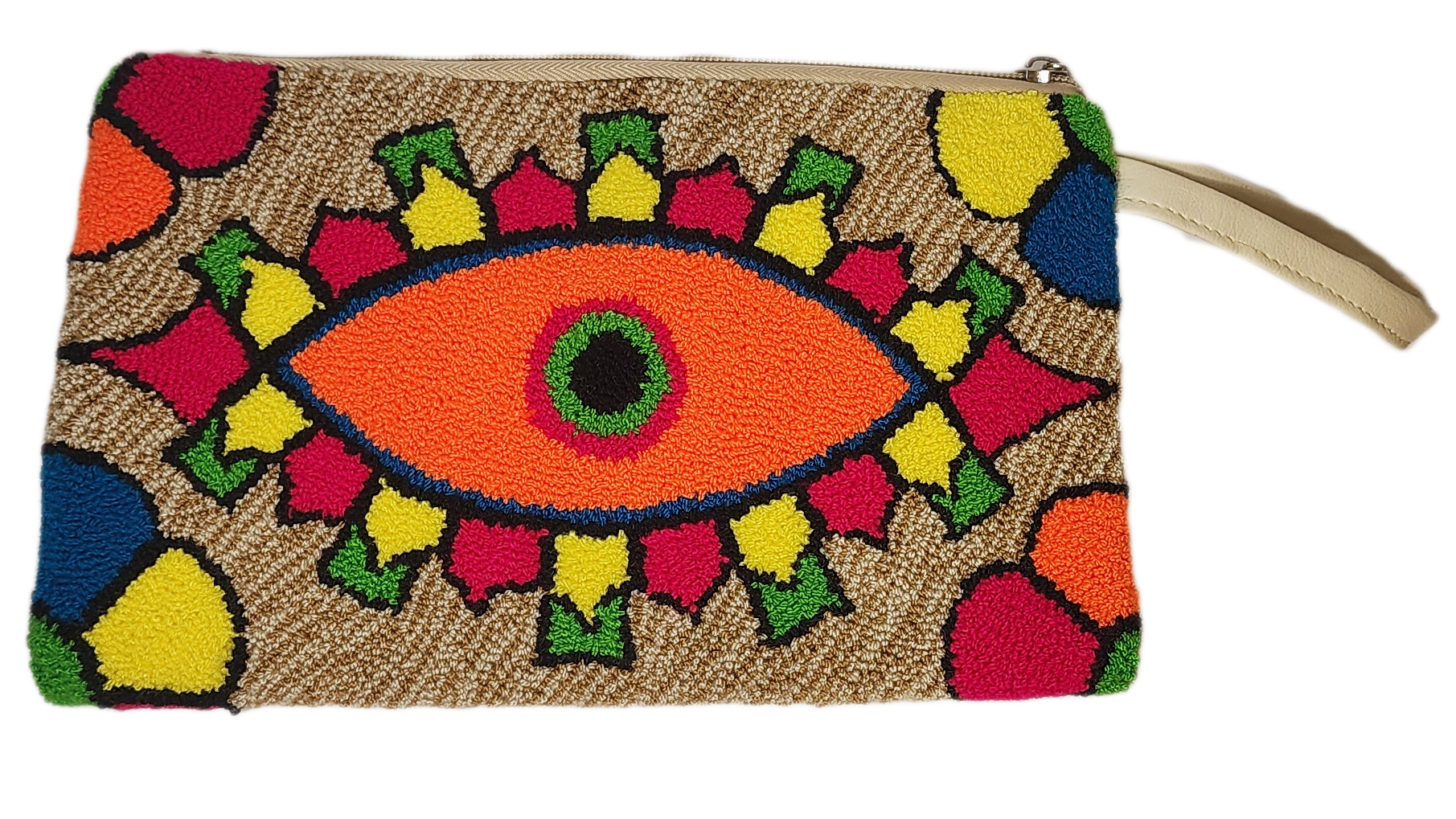 1 "Colorful Wuitusu Wayuu Needle Punch Clutch, handmade with vibrant needle punch patterns by Wayuu artisans, featuring a secur