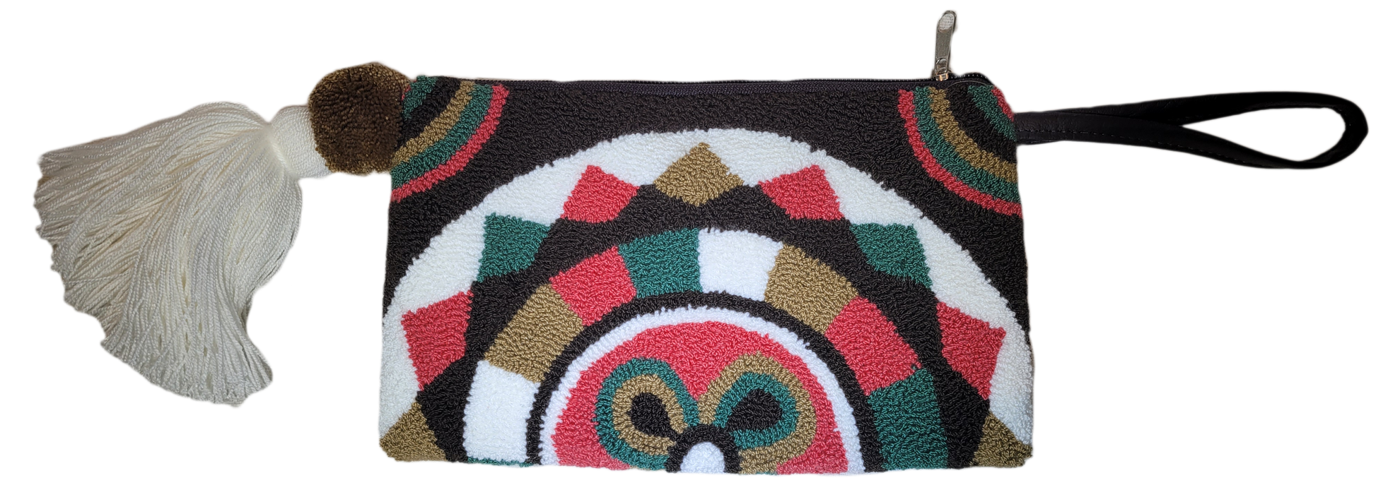 1 "Colorful Wuitusu Wayuu Needle Punch Clutch with intricate patterns, handcrafted by Wayuu artisans, featuring a zip closure a