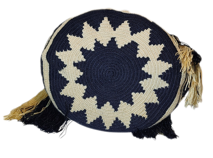 Bottom view "Colorful Wuitusu Wayuu Waterfall crochet handbag, showcasing a dramatic waterfall design and artisan craftsmanship."