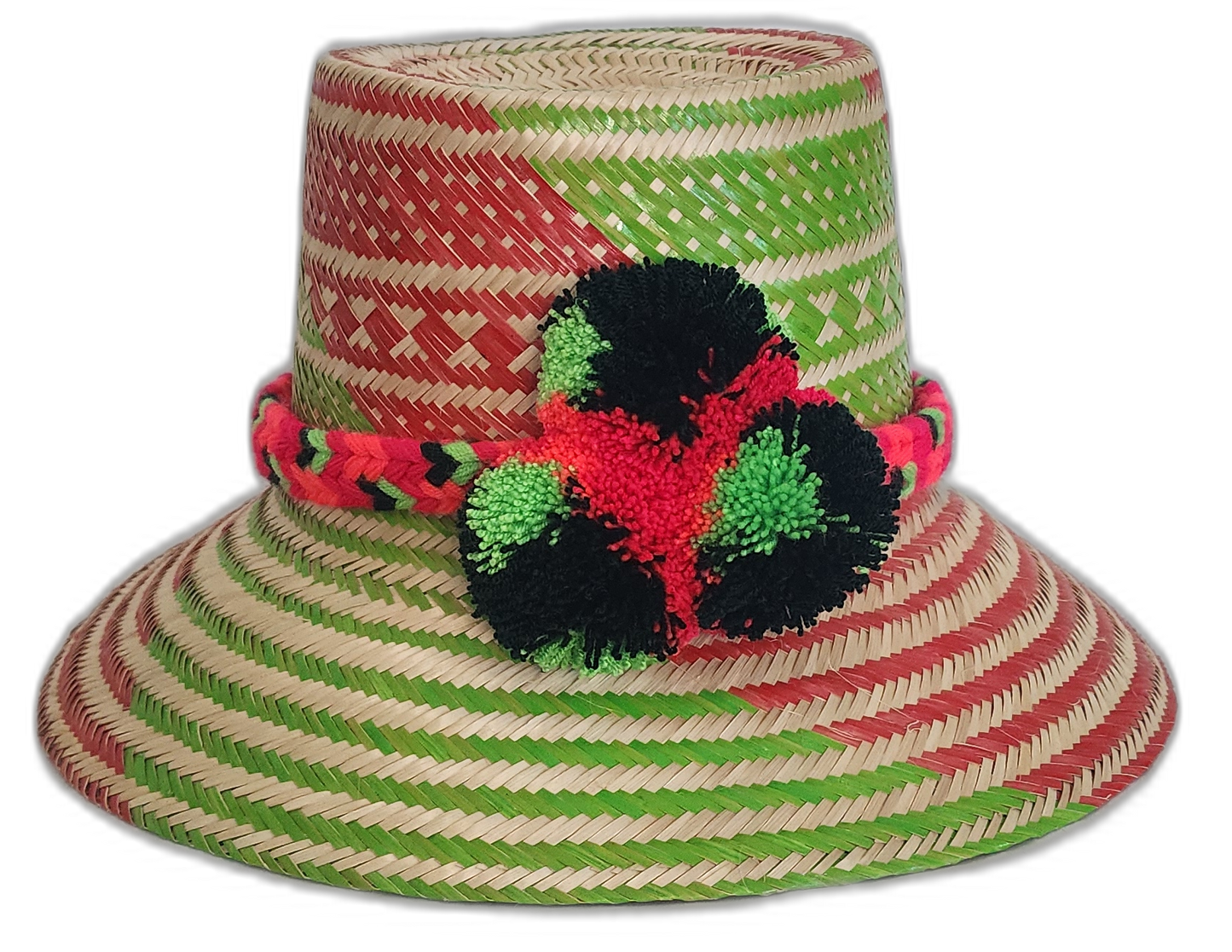 Vibrant red and green Boho straw hat handmade by Wayuu artisans