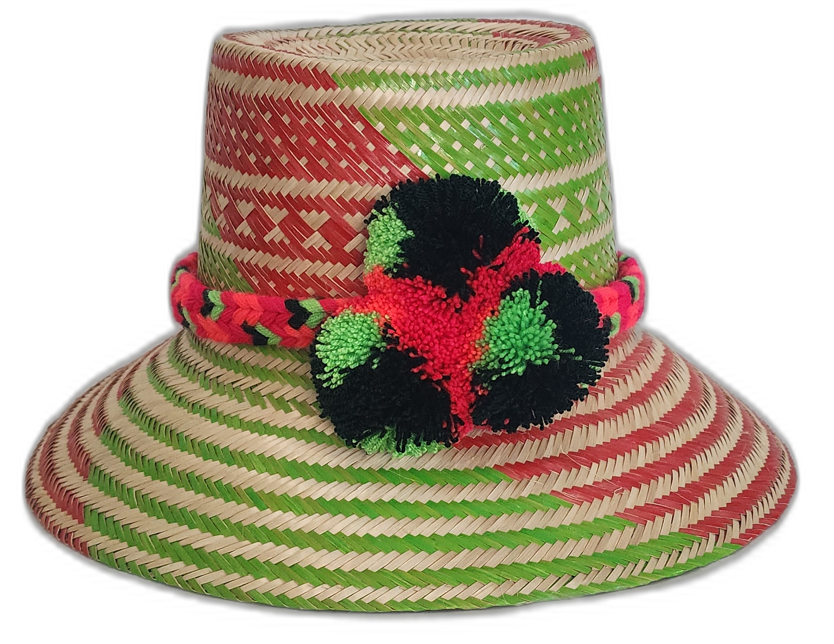 Vibrant red and green Boho straw hat handmade by Wayuu artisans