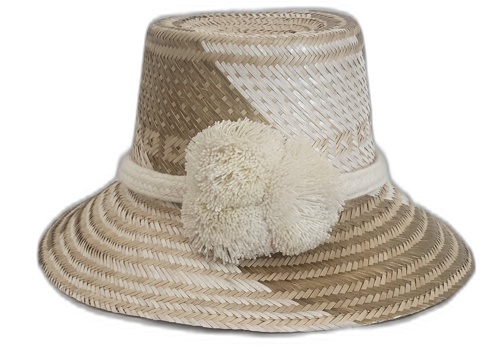 Handmade Wayuu straw hat in beige and cream with white pompoms
