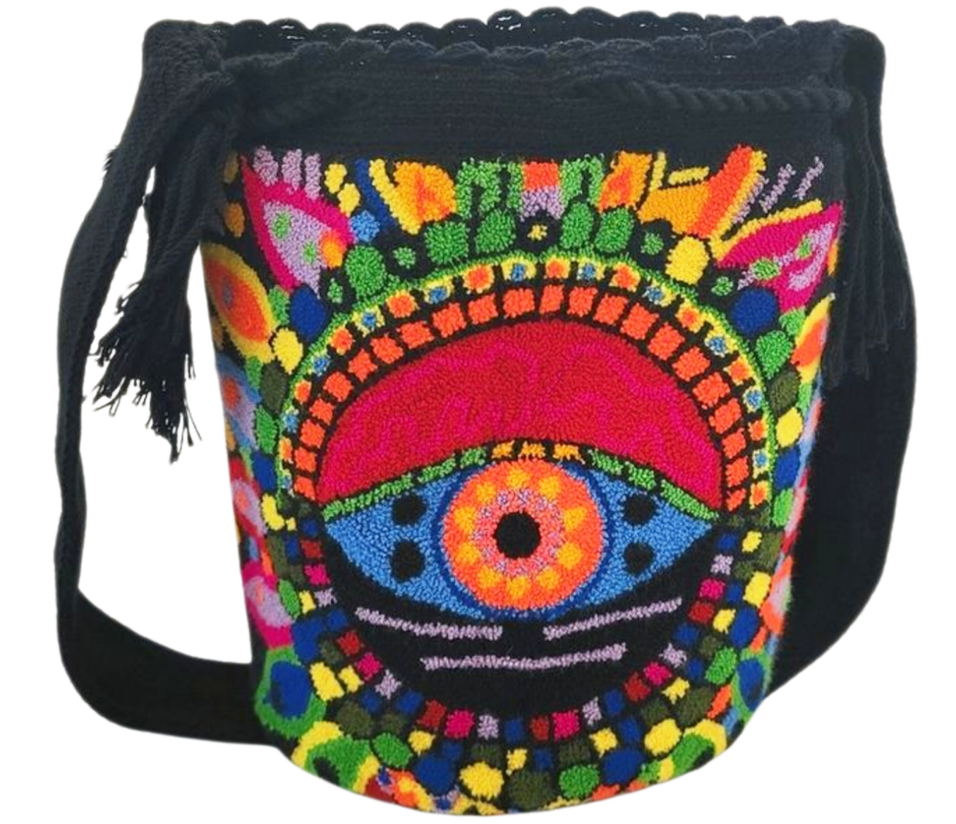Crochet colorful Wayuu shoulder bag with bold, artistic flair