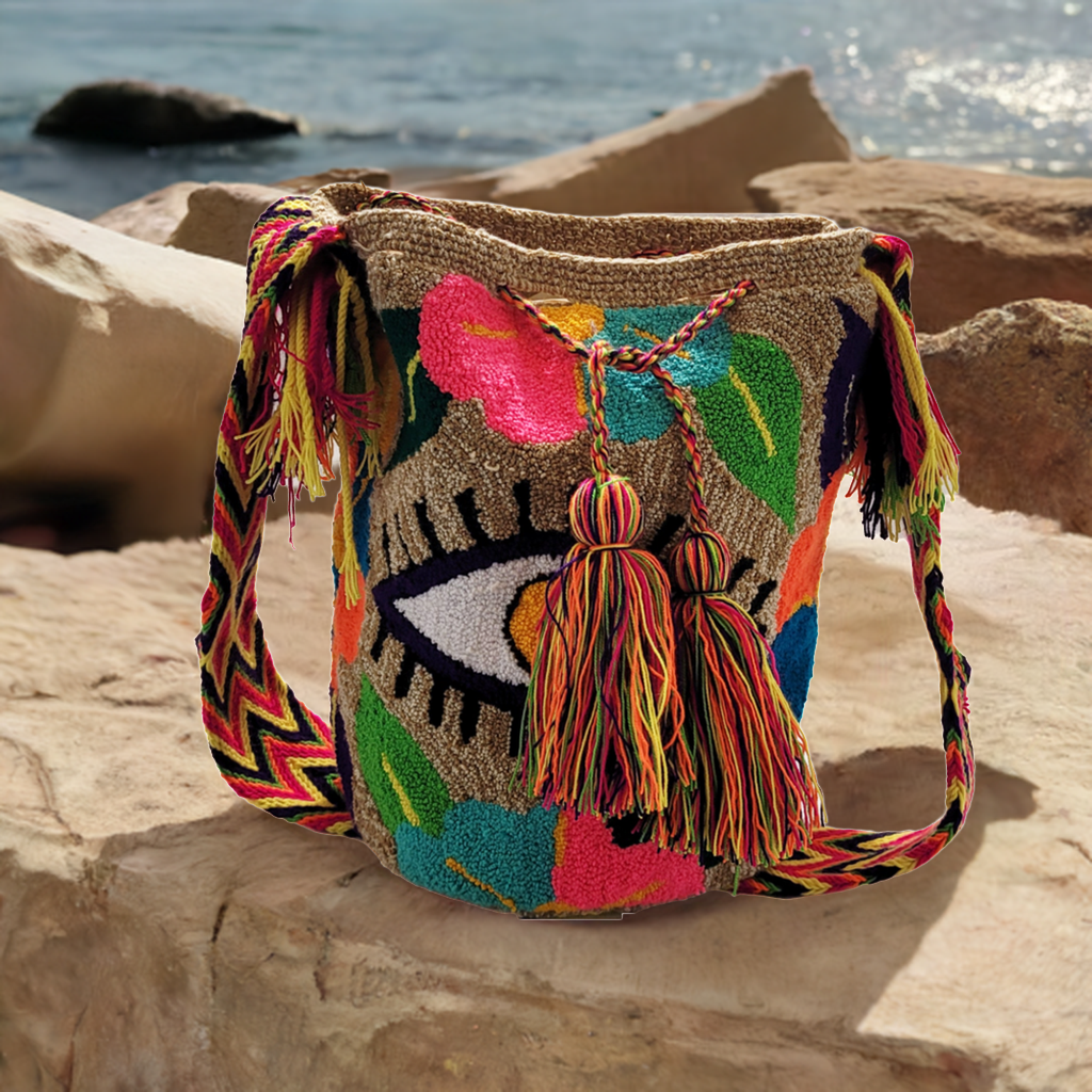 Bottom view Wayuu handmade crochet bag with geometric boho-chick patterns