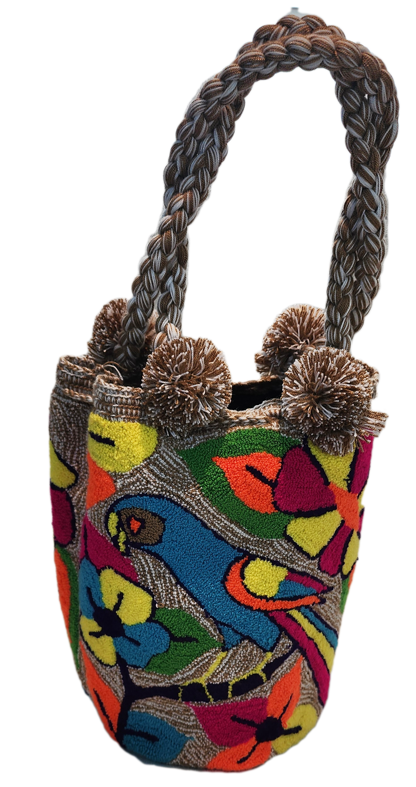 Bottom view Vibrant bohemian Wayuu crochet bag with tropical bird and colorful flowers
