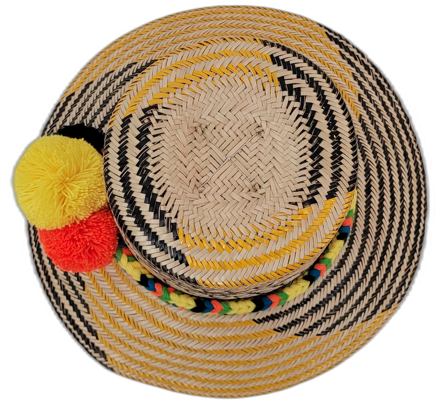 Daniela Wayuu palm fiber hat with multicolor pompom trio and yellow-accented weave

