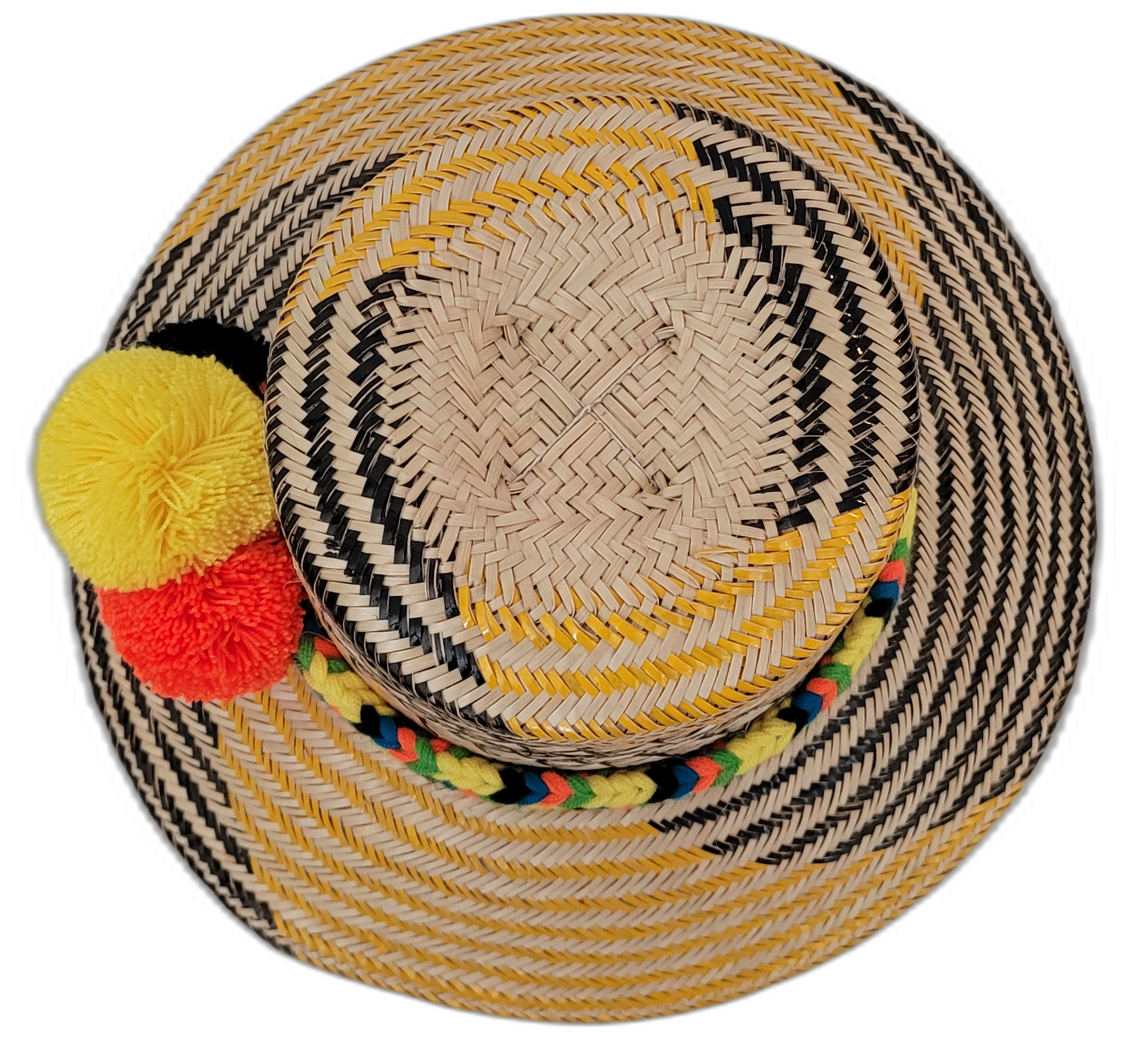 Daniela Wayuu palm fiber hat with multicolor pompom trio and yellow-accented weave


