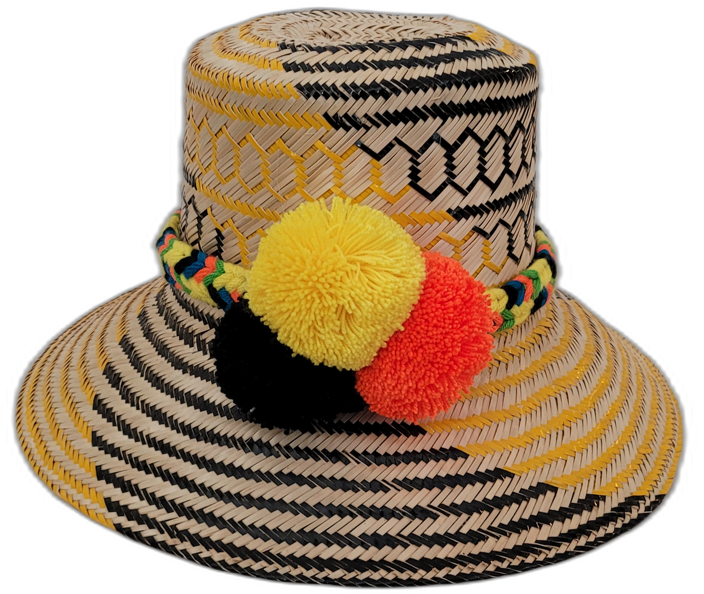 Daniela handmade Wayuu straw hat with yellow and black palm weave and vibrant pompoms

