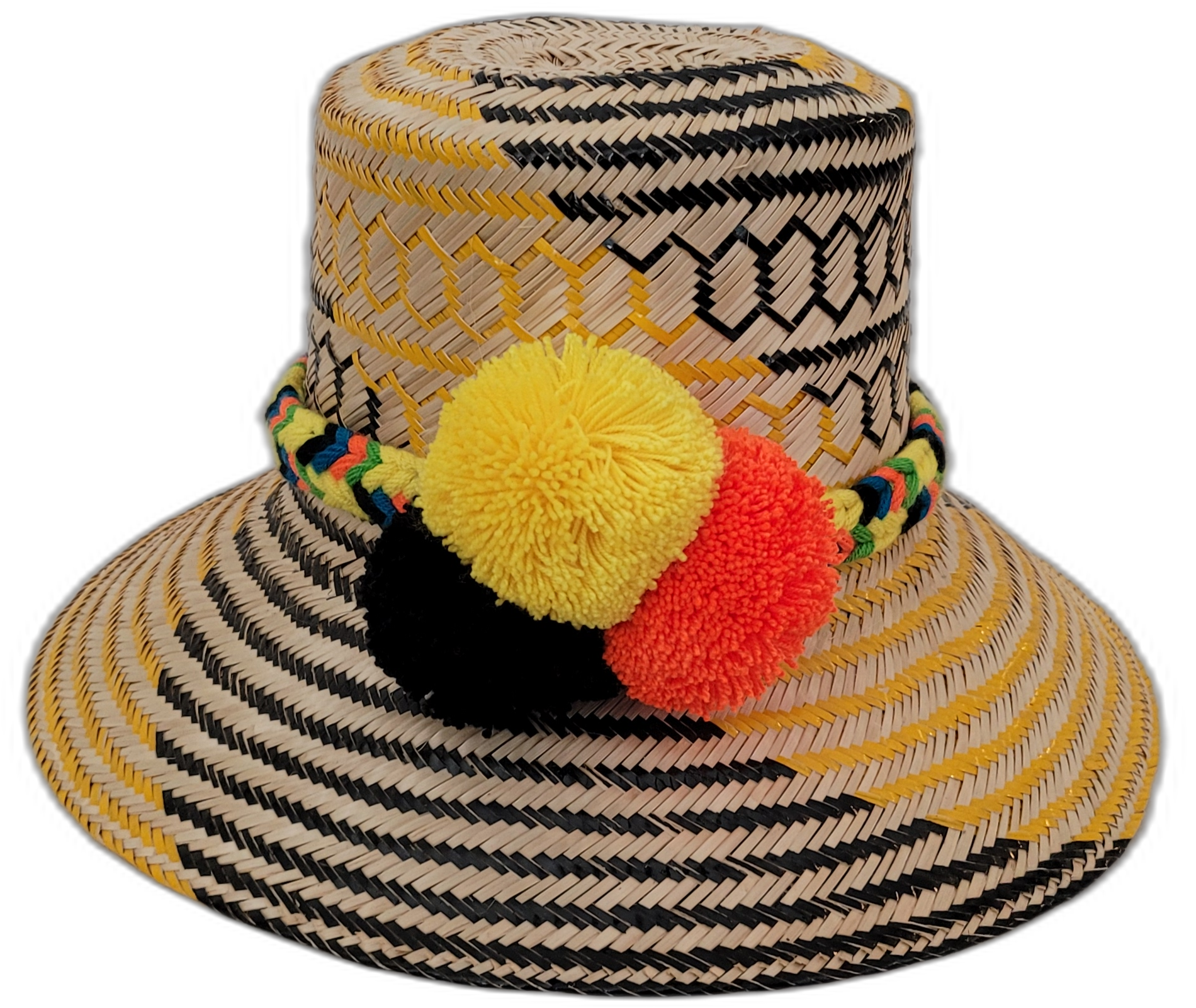 Daniela handmade Wayuu straw hat with yellow and black palm weave and vibrant pompoms

