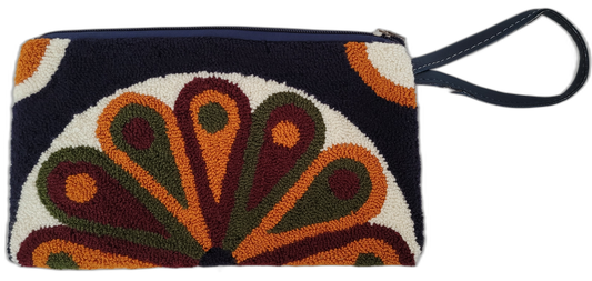 Ainsley bohemian punch needle clutch with deep orange, olive, and burgundy patterns

