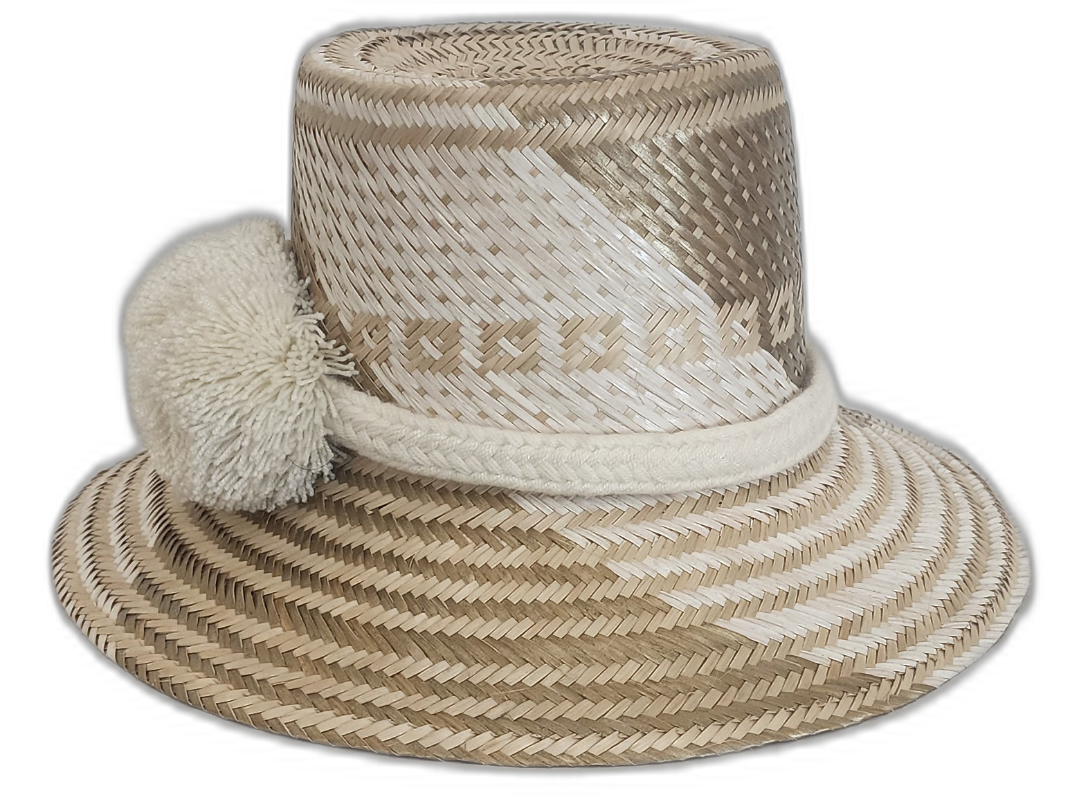 Boho Chick Wayuu hat in natural and off-white tones with woven details