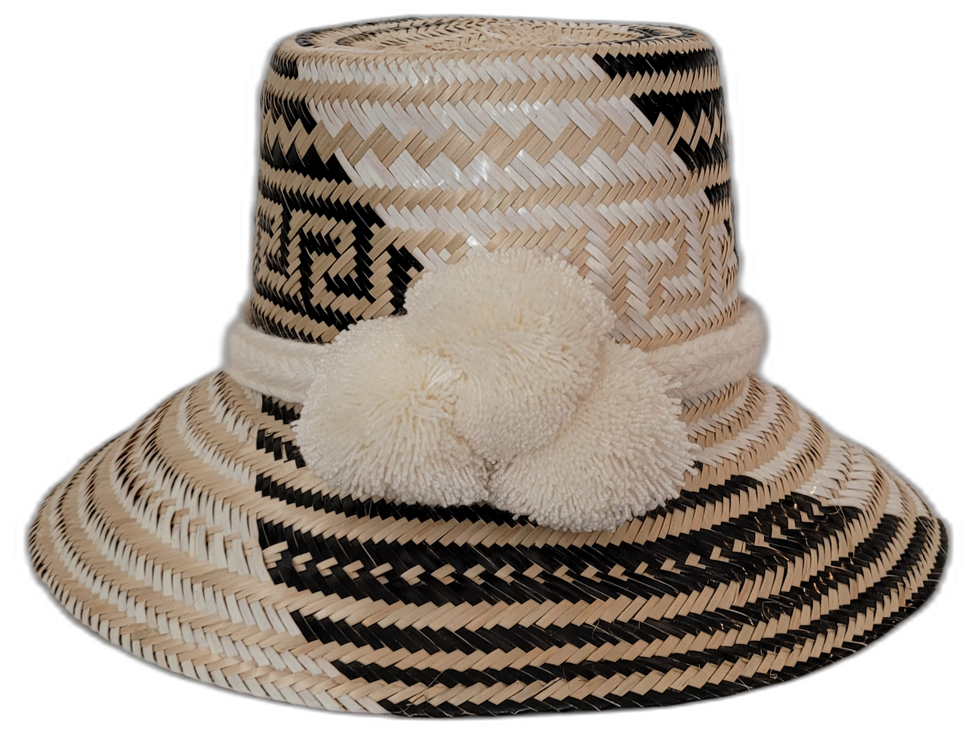 Handmade Wayuu bohemian straw hat Elisa with black and natural weave and white pompoms

