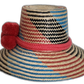 Boho Chick hat with vibrant red band and multicolor woven pattern.Handwoven boho hat in red, black, and sky blue with matching deep pink accents

