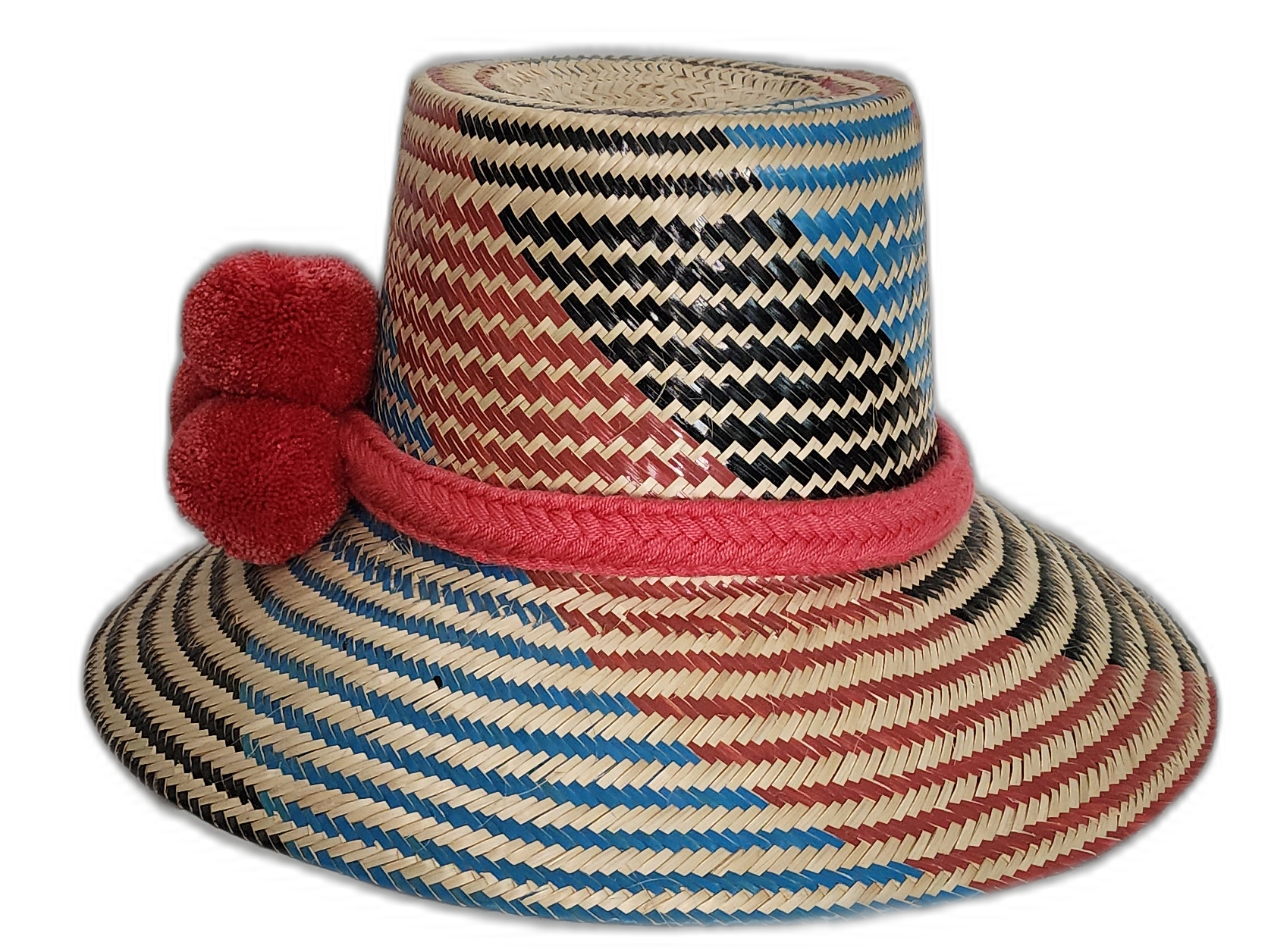 Boho Chick hat with vibrant red band and multicolor woven pattern.Handwoven boho hat in red, black, and sky blue with matching deep pink accents

