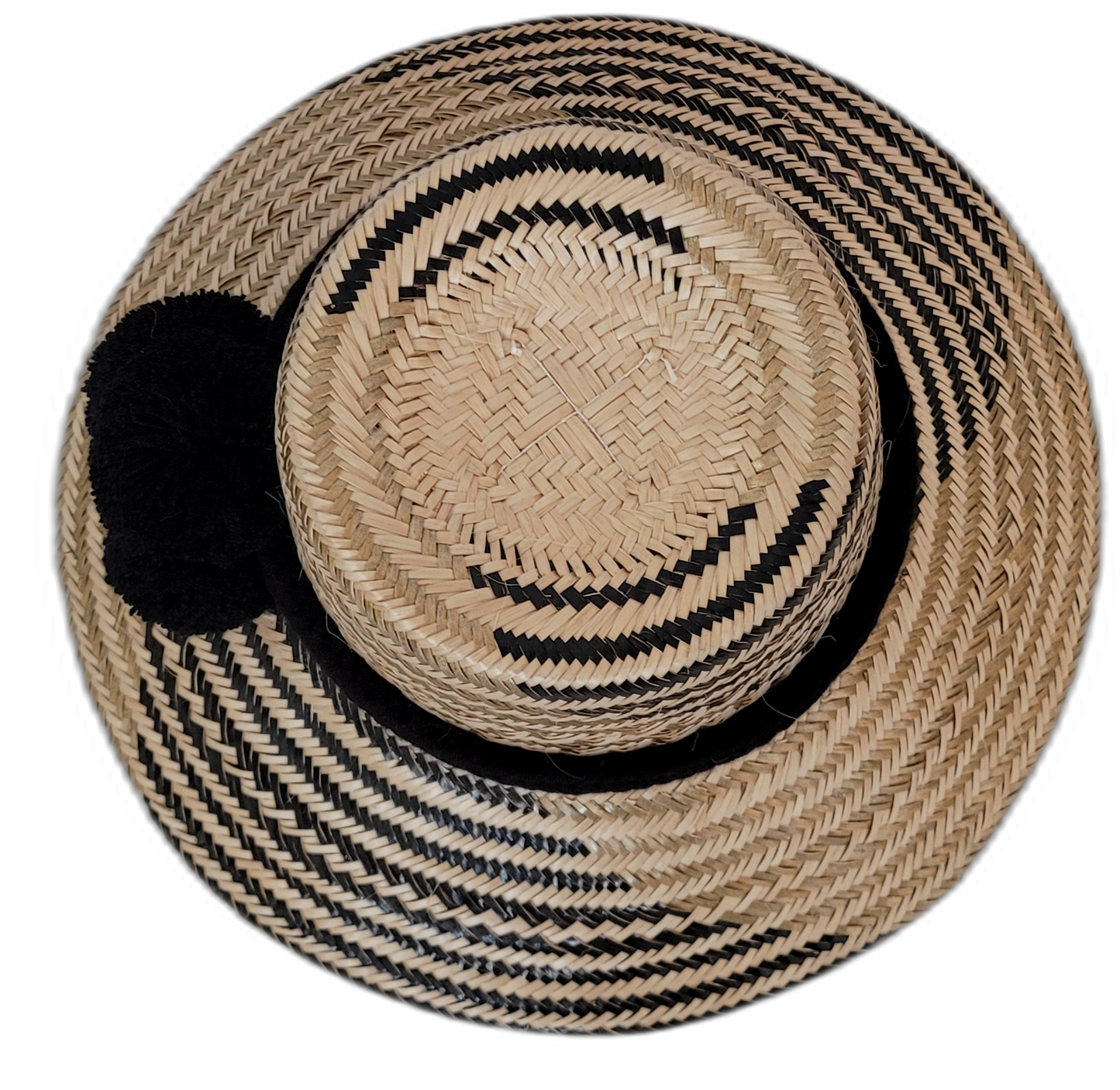 Elsie Wayuu hat with natural and black weave and handcrafted black pompom accent

