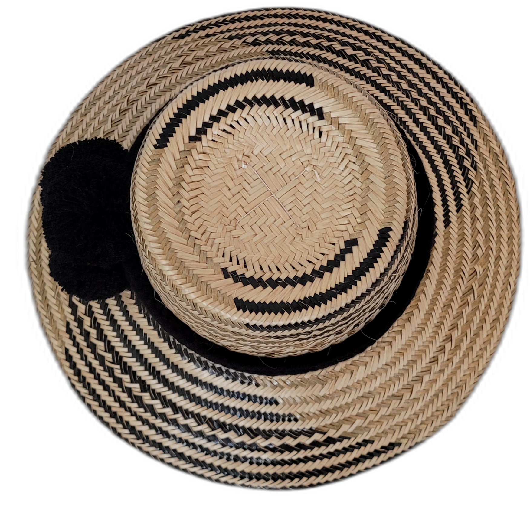 Elsie Wayuu hat with natural and black weave and handcrafted black pompom accent

