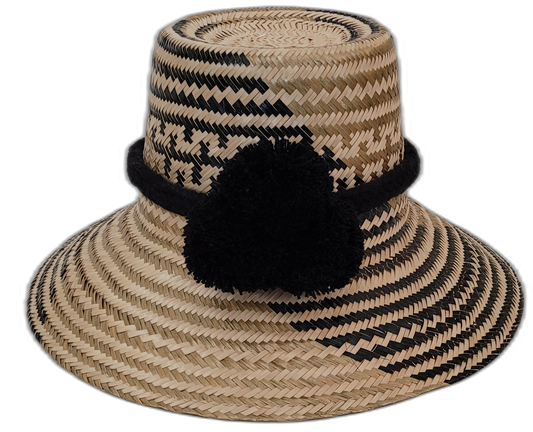 Elsie handmade Wayuu straw hat with bold black and natural palm weave and black pompom

