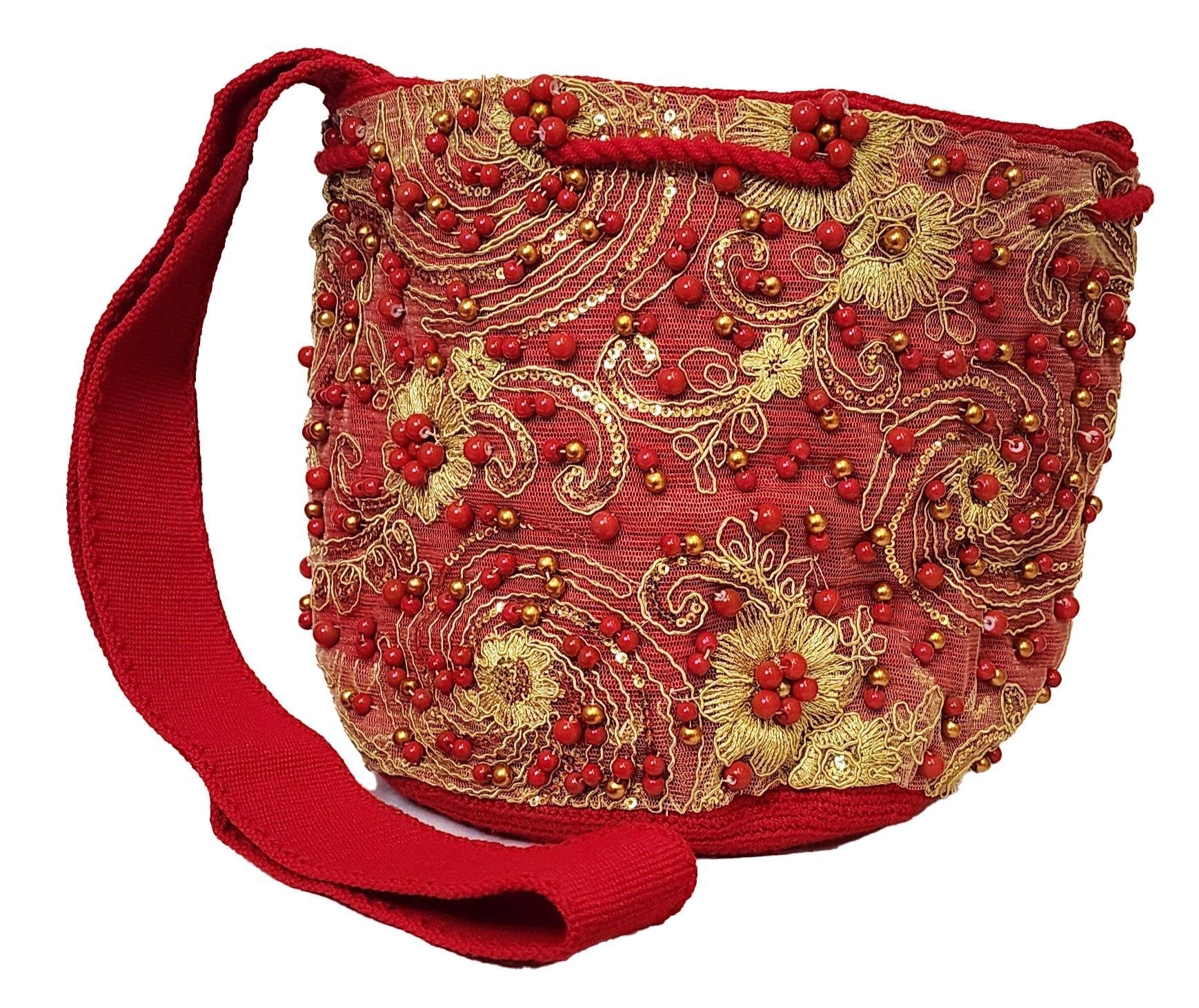 Bottom view Red and gold Wayuu boho crochet bag with oversized tassels and artisan strap.