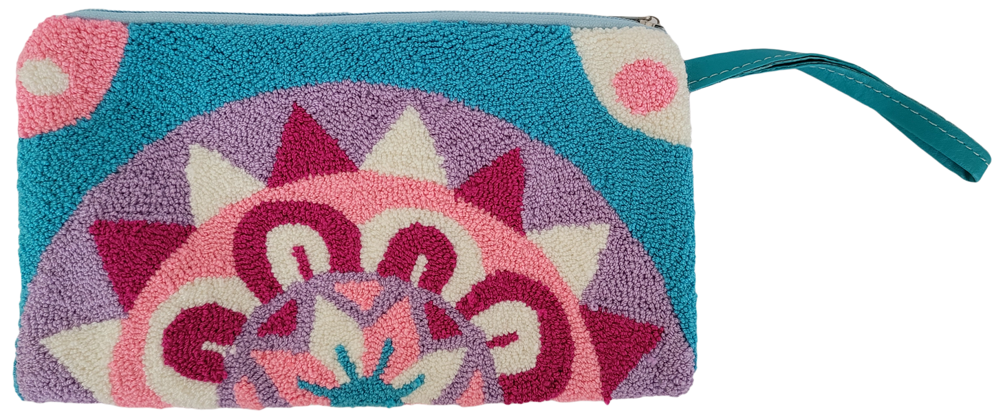 Boho chick clutch in pastel pink, lavender, cream, and turquoise yarn embroidery

