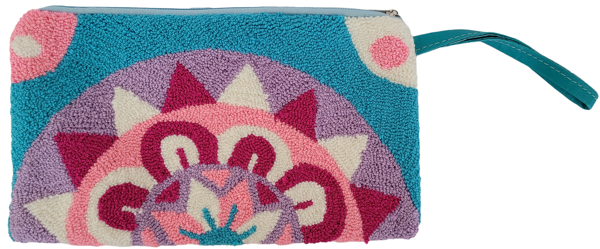 1 Boho chick clutch in pastel pink, lavender, cream, and turquoise yarn embroidery

