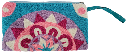 Boho chick clutch in pastel pink, lavender, cream, and turquoise yarn embroidery

