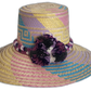 Boho Wayuu hat with braided crown band and purple, black, and cream pompoms



