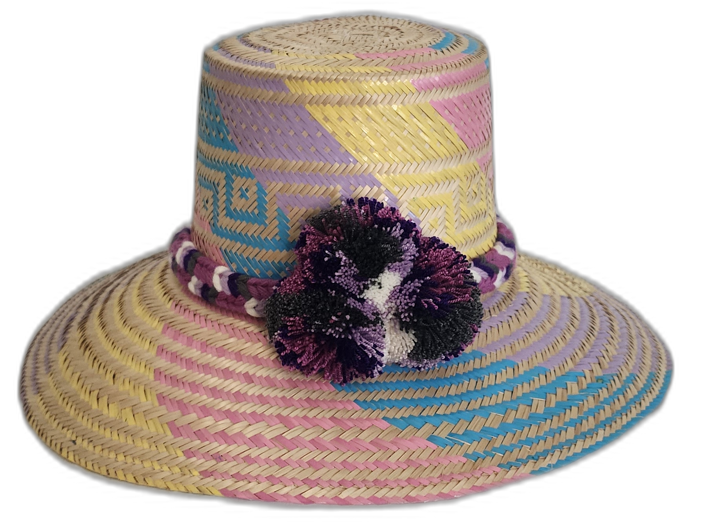 Boho Wayuu hat with braided crown band and purple, black, and cream pompoms


