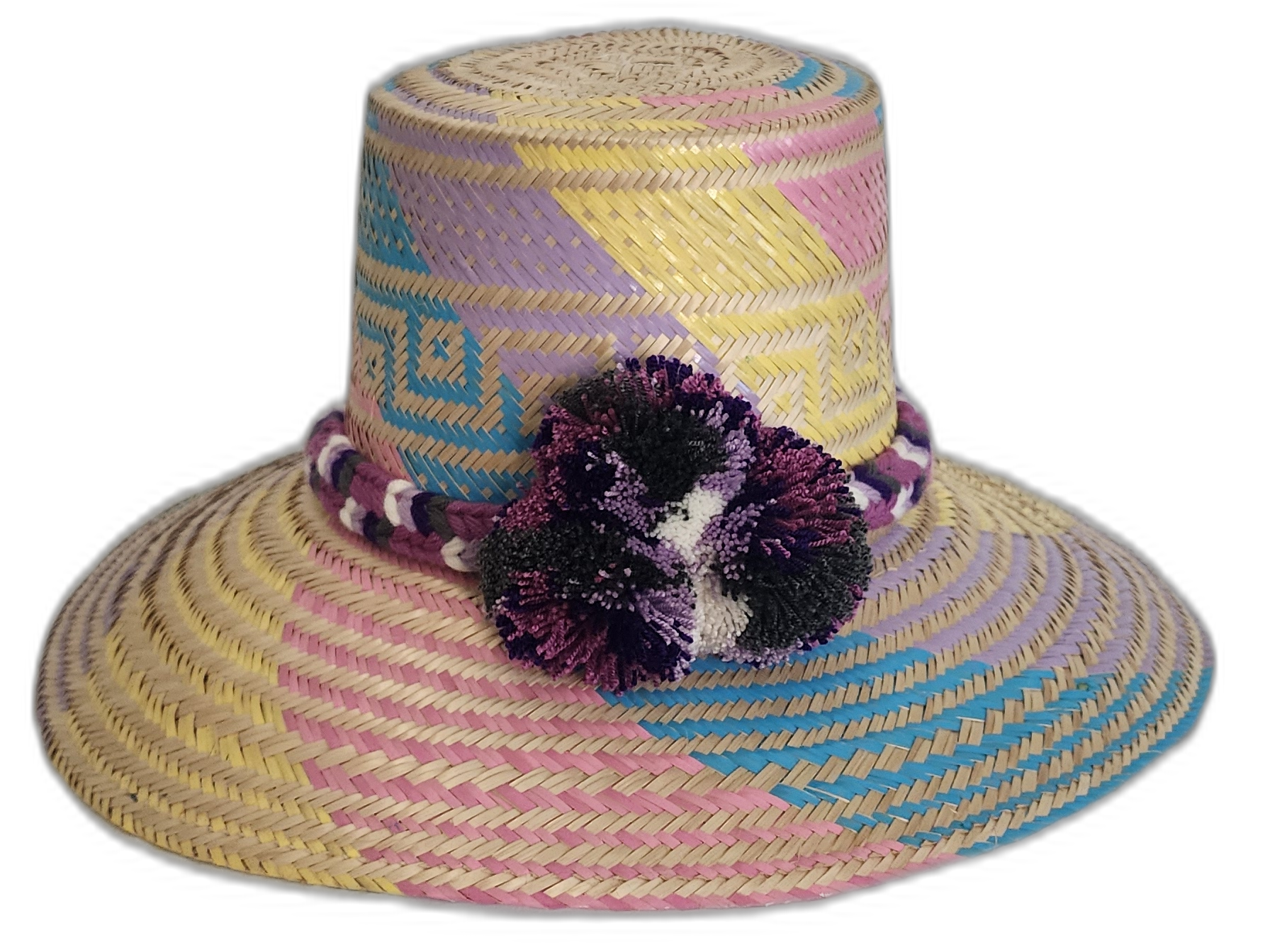 Boho Wayuu hat with braided crown band and purple, black, and cream pompoms


