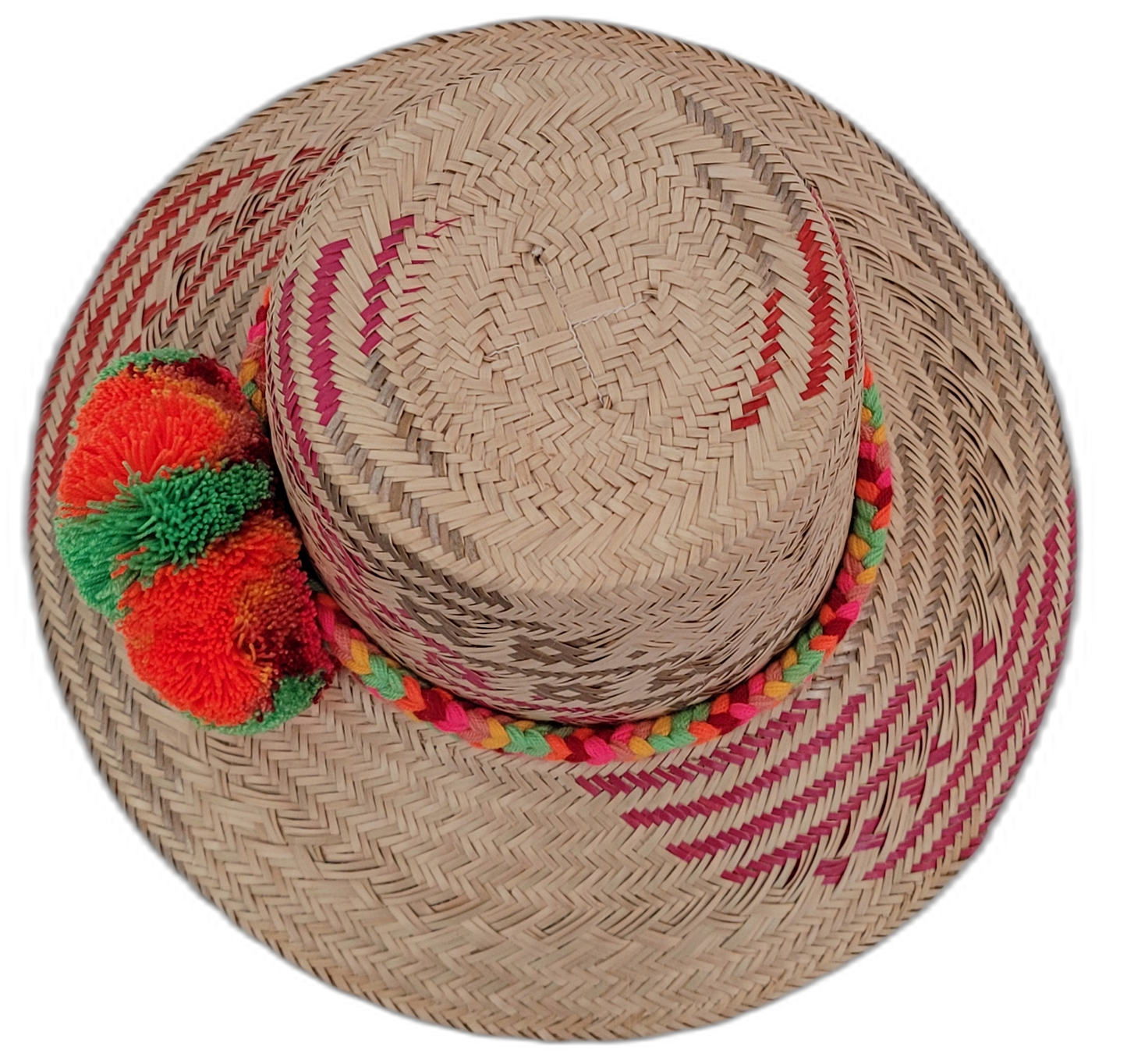 Boho Wayuu hat Florence featuring pink palm fiber design and bold green-orange pompoms

