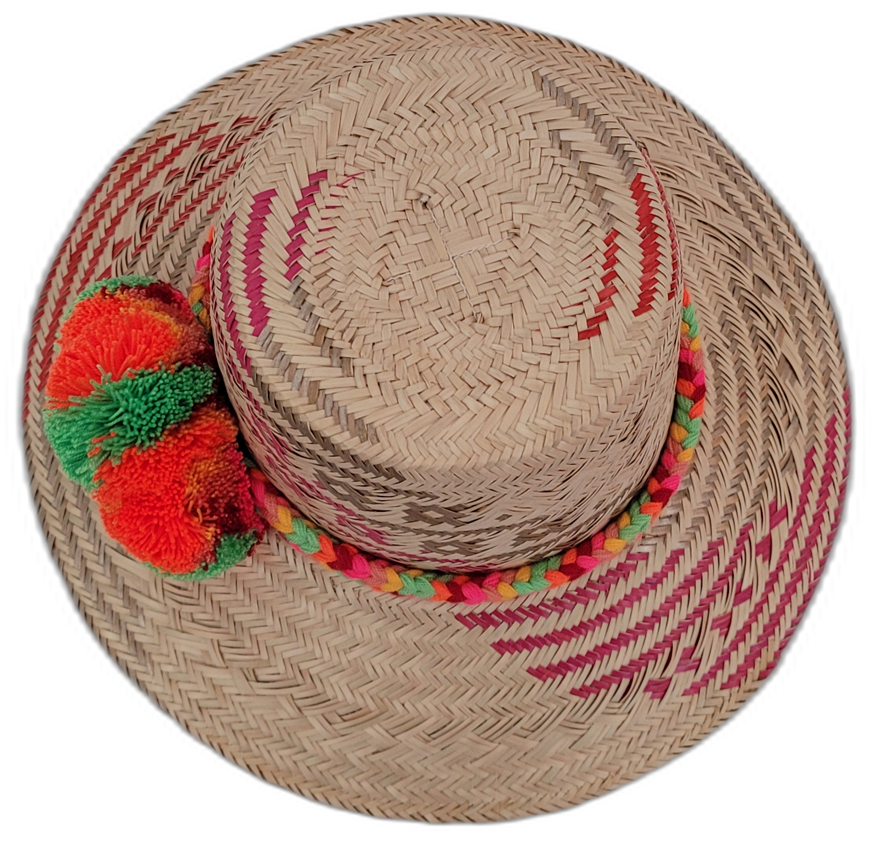 Boho Wayuu hat Florence featuring pink palm fiber design and bold green-orange pompoms


