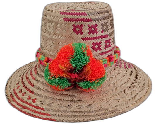 Florence handmade Wayuu straw hat with magenta weave and neon orange-green pompoms


