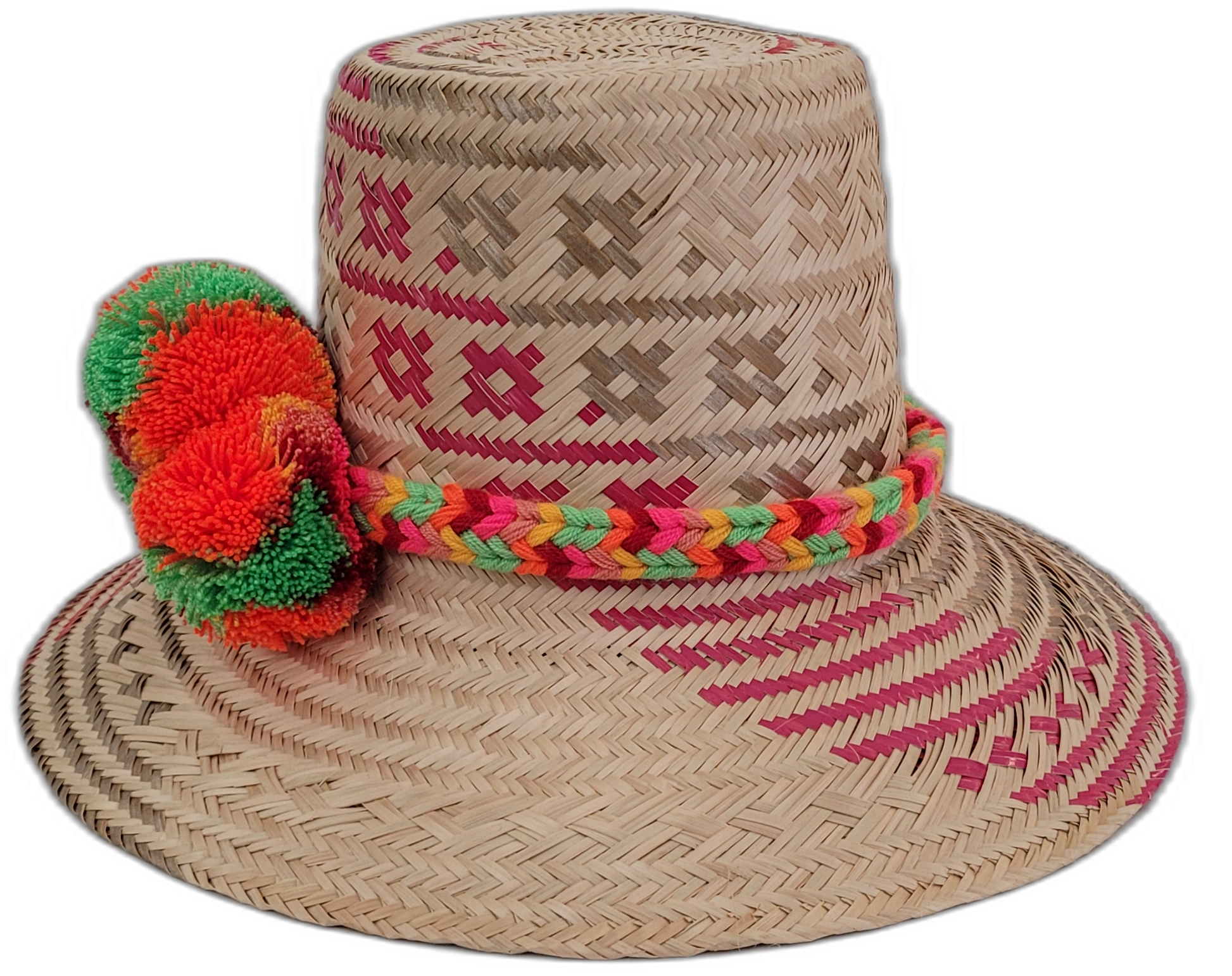 Artisan Wayuu hat Florence with natural straw, pink accents, and bright pompoms

